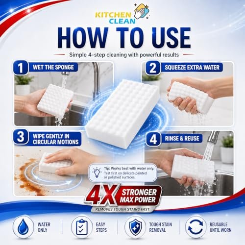 Kitchen Clean Magic Eraser Sponge Pack of 2 | 4X Strong Cleaning Sponge | Multi-Purpose Melamine Sponge for Walls, Kitchen, Bathroom, Glass & Shoes - Image 2