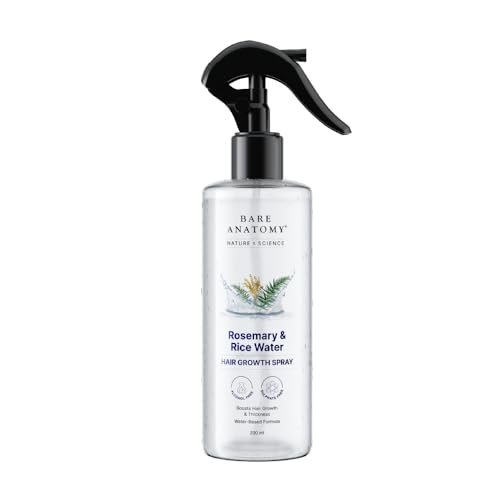 Bare Anatomy Nature x Science Rosemary Water Spray for Hair Growth & Hair Thickness with Rice Water | 100% Natural Extract | Soft & Smooth Hair | Controls Hairfall & Adds Shine | Non-Greasy & Fast Absorbing | 200 ml