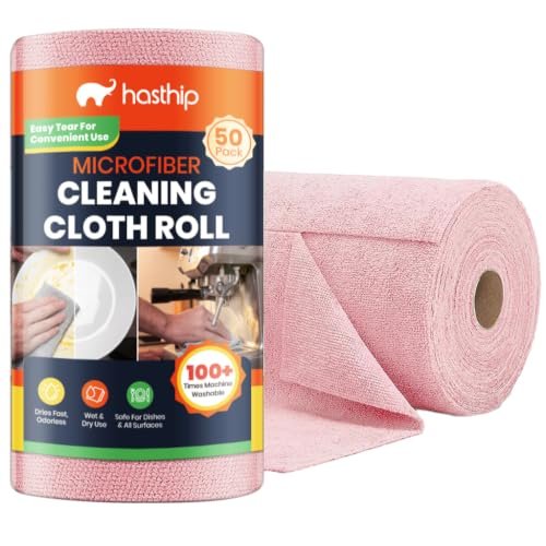 HASTHIP Microfiber Cleaning Cloth Roll 50 PCS | Pre-Cut Tear Away Reusable Cleaning Cloths | Highly Absorbent Multipurpose Dusting Cloth 25x25cm | Pink