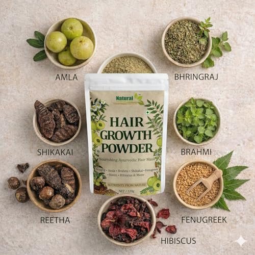 Ayurvedic Hair Growth Powder with Bhringraj, Amla and Neem to Control Hair Loss, Strengthen Hair Roots and Promote Healthy Hair Growth Suitable for Men and Women for All Hair Types 120g - Image 3