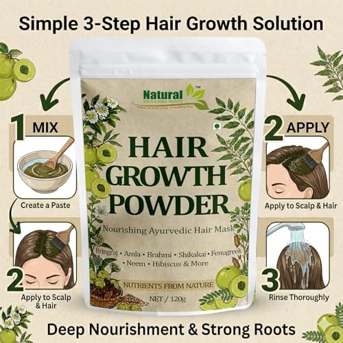 Ayurvedic Hair Growth Powder with Bhringraj, Amla and Neem to Control Hair Loss, Strengthen Hair Roots and Promote Healthy Hair Growth Suitable for Men and Women for All Hair Types 120g - Image 2