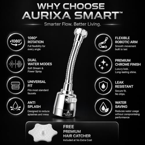 AURIXA SMART 1080° Rotating Faucet Extender | Dual Water Flow Modes | Universal Kitchen & Bathroom Tap Attachment | Chrome Finish | Silicone Hair Catcher - Image 2