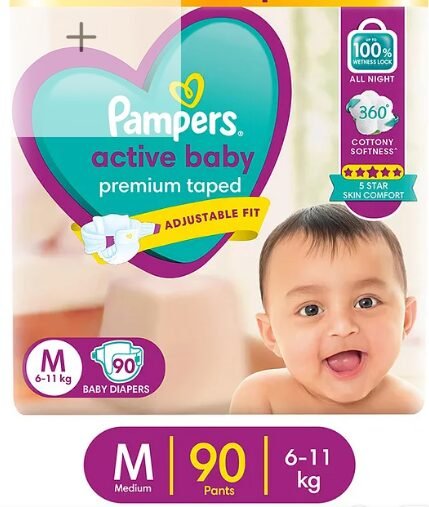 Pampers Active Baby Taped Diapers, Medium size diapers, (M) 90 count, taped style custom fit