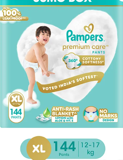 Pampers Premium Care Pants XL 144 | No Marks Design | India's Softest Diaper