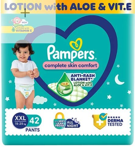 Pampers Complete Skin Comfort Pants, Anti-rash blanket, Lotion with Vitamin E & Aloe Vera, Double Extra Large size baby Diapers, (XXl) 42 Count, 15-25 kg - Image 2