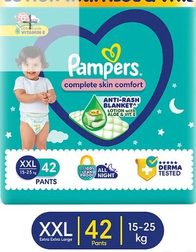 Pampers Complete Skin Comfort Pants, Anti-rash blanket, Lotion with Vitamin E & Aloe Vera, Double Extra Large size baby Diapers, (XXl) 42 Count, 15-25 kg