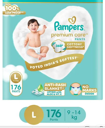 Pampers Premium Care Pants L 176 | No Marks Design | India's Softest Diaper