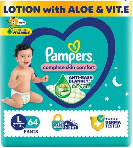 Pampers Complete Skin Comfort Pants, Anti-rash blanket, Lotion with Vitamin E & Aloe Vera, Large size baby Diapers, (L) 64Count, 9-14 kg