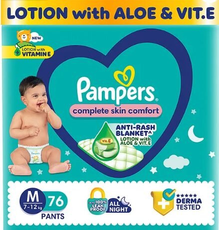 Pampers Complete Skin Comfort Pants, Anti-rash blanket, Lotion with Vitamin E & Aloe Vera, Medium size baby Diapers, (M) 76 Count, 7-12 kg