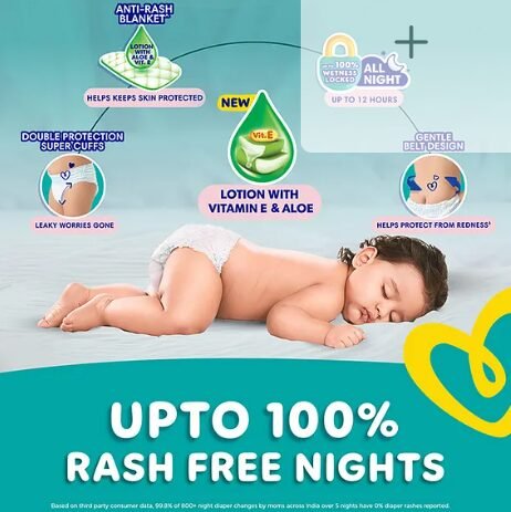 Pampers Complete Skin Comfort Pants, Anti-rash blanket, Lotion with Vitamin E & Aloe Vera, Medium size baby Diapers, (M) 76 Count, 7-12 kg - Image 2