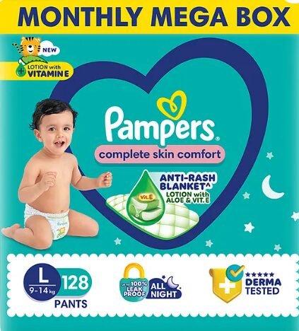 Pampers Complete Skin Comfort Pants, Anti-rash blanket, Lotion with Vitamin E & Aloe Vera, Large size baby Diapers, (L) 128Count, 9-14 kg