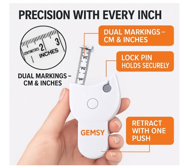 Gemsy Retractable Body Measuring Tape 150 cm (60”) with Lock Pin & Push Button – Fiberglass Inch Tape for Body Fat Tracking, Weight Loss, Fitness, Tailoring & Sewing - Image 2