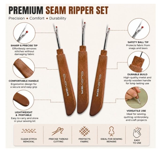 GEMSY Seam Ripper Stitch Opener | Made of Stainless Steel with Wooden Finish handgrip Made of Plastic with Cap | Tailoring Accessories | Seam Ripper for Stitch Opening - Pack of 3 - Image 2