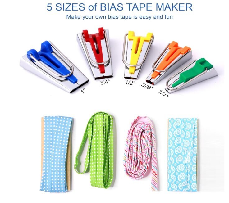 Gemsy Bias Tape Maker Set (5 Sizes - 1/4", 3/8", 1/2", 3/4", 1") Sewing Tool for Fabric Binding, Quilting & Dressmaking | Easy Fabric Bias Tape Maker Kit for DIY Sewing, Piping and Edging - Image 2