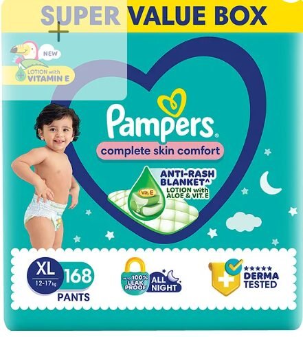 Pampers Complete Skin Comfort Pants, Anti-rash blanket, Lotion with Vitamin E & Aloe Vera, Extra Large size baby Diapers, (XL) 168 Count, 12-17 kg