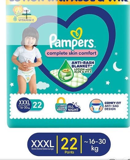 Pampers All round Protection Pants, Extra Extra Extra Large size baby diapers (XXXL) 22 Count, 16-30 kg, Anti-rash blanket, 360 degree Lotion with Aloe Vera