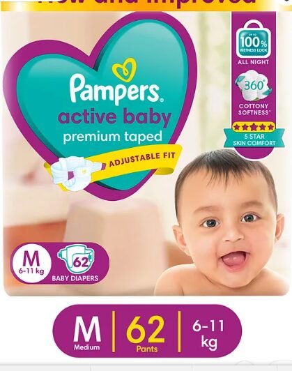 Pampers Active Baby Taped Diapers, Medium size diapers, (M) 62 count, taped style custom fit