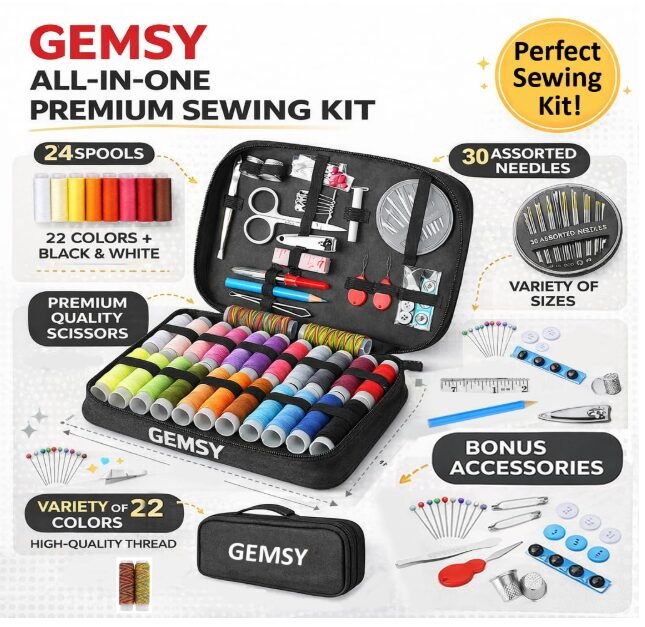 GEMSY 108 Pcs Sewing Kit Box | Portable Tailoring accessories and Kit with Threads, Needles, Scissors, Measuring Tape | Needle & Thread Box, Sui Dhaga Kit for Home, Travel, Office & Emergency Clothing Repairs - Image 2