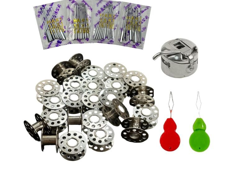 ZENITH Sewing Machine 10pc Bobbins, Metal, 1 Bobbin Case, HA 11,14,16,18 Combo Needles (40 Pieces), 2pc Needle Threader, Combo Sewing Kit Box for Traditional Household Sewing Machines (10)