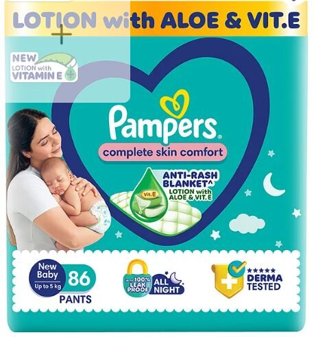 Pampers Complete Skin Comfort Pants, Anti-rash blanket, Lotion with Vitamin E & Aloe Vera, New Born size baby Diapers, (Nb) 86 Count, upto 5 kg - Image 2
