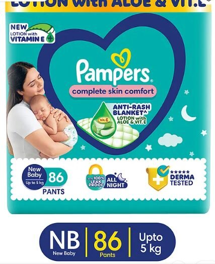 Pampers Complete Skin Comfort Pants, Anti-rash blanket, Lotion with Vitamin E & Aloe Vera, New Born size baby Diapers, (Nb) 86 Count, upto 5 kg