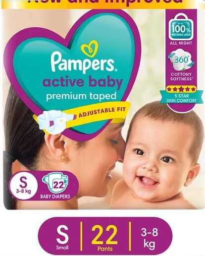 Pampers Active Baby Taped Diapers, Small size diapers, (S) 22 count, taped style custom fit