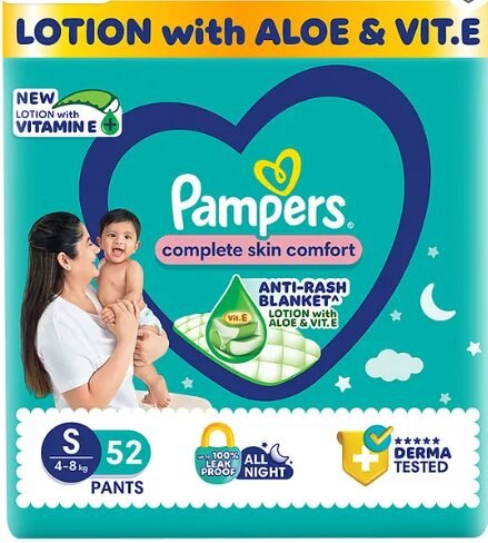 Pampers Complete Skin Comfort Pants, Anti-rash blanket, Lotion with Vitamin E & Aloe Vera, Small size baby Diapers, (s) 52 Count, 4-8 kg - Image 2