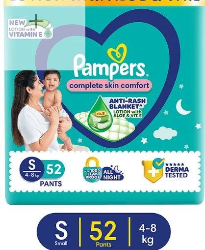 Pampers Complete Skin Comfort Pants, Anti-rash blanket, Lotion with Vitamin E & Aloe Vera, Small size baby Diapers, (s) 52 Count, 4-8 kg