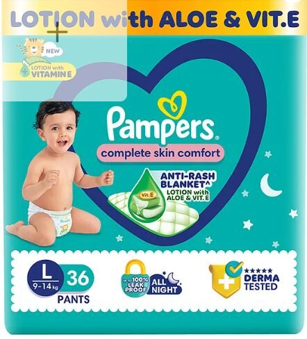 Pampers Complete Skin Comfort Pants, Anti-rash blanket, Lotion with Vitamin E & Aloe Vera, Large size baby Diapers, (LG) 36 Count, 9-14 kg - Image 2