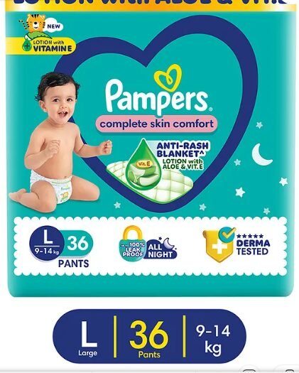 Pampers Complete Skin Comfort Pants, Anti-rash blanket, Lotion with Vitamin E & Aloe Vera, Large size baby Diapers, (LG) 36 Count, 9-14 kg