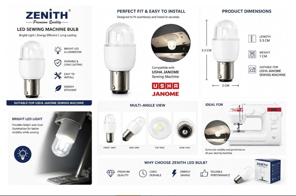 ZENITH Plastic LED Bulb for Usha Janome Sewing Machines | Pin Type Sewing Machine Light | Bright LED Illumination | Energy Efficient & Long Lasting | Easy Installation Sewing Machine Accessory. - Image 2