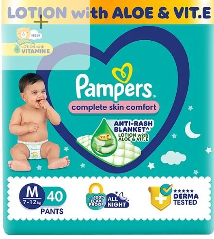 Pampers All Round Protection Pant Style Baby Diapers 7-12 kg | Anti Rash Blanket | Lotion with Aloe Vera Diapers Medium - 40 Pieces