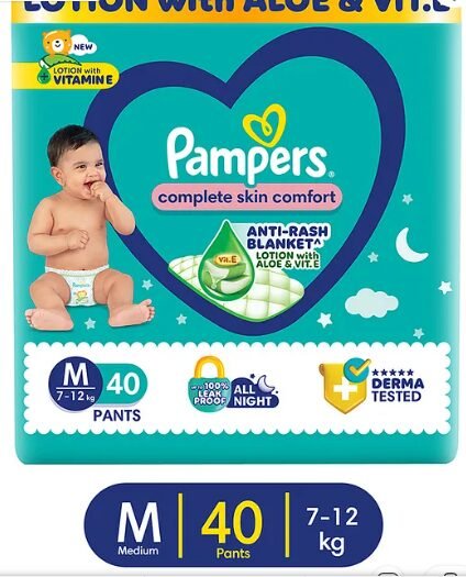 Pampers All Round Protection Pant Style Baby Diapers 7-12 kg | Anti Rash Blanket | Lotion with Aloe Vera Diapers Medium - 40 Pieces - Image 2