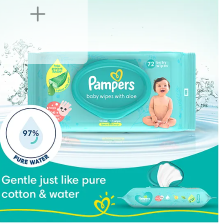 Pampers Baby Gentle wet wipes with Aloe 97% Pure Water - 72 Pieces