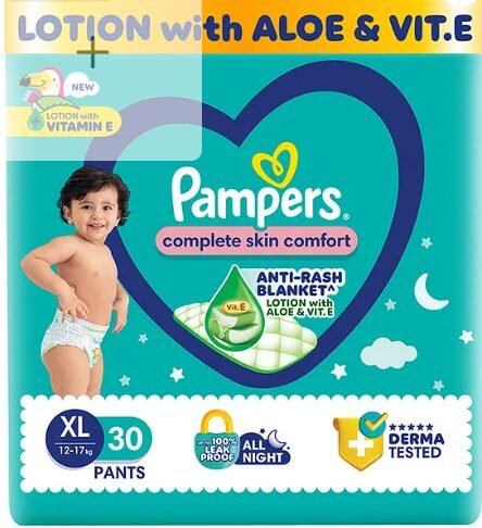 Pampers Complete Skin Comfort Pants, Anti-rash blanket, Lotion with Vitamin E & Aloe Vera, Extra Large size baby Diapers, (Xl) 30 Count, 12-17 kg - Image 2