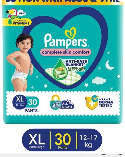Pampers Complete Skin Comfort Pants, Anti-rash blanket, Lotion with Vitamin E & Aloe Vera, Extra Large size baby Diapers, (Xl) 30 Count, 12-17 kg