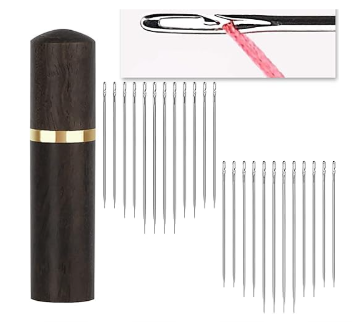Gemsy Self-Threading Sewing Needles Set with Wooden Case, 30 Pieces, Large Eye Design