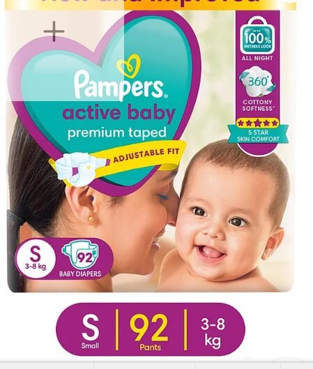 Pampers Active Baby Taped Diapers, Small size diapers, (S) 92 count, taped style custom fit