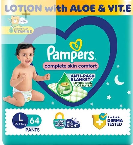 Pampers Complete Skin Comfort Pants, Anti-rash blanket, Lotion with Vitamin E & Aloe Vera, Large size baby Diapers, (L) 64Count, 9-14 kg