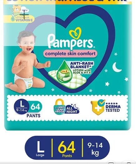Pampers Complete Skin Comfort Pants, Anti-rash blanket, Lotion with Vitamin E & Aloe Vera, Large size baby Diapers, (L) 64Count, 9-14 kg - Image 2