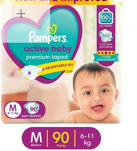 Pampers Active Baby Taped Diapers, Medium size diapers, (M) 90 count, taped style custom fit