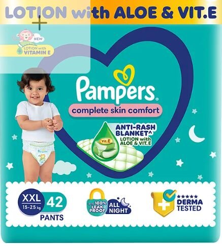 Pampers Complete Skin Comfort Pants, Anti-rash blanket, Lotion with Vitamin E & Aloe Vera, Double Extra Large size baby Diapers, (XXl) 42 Count, 15-25 kg