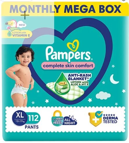 Pampers Complete Skin Comfort Pants, Anti-rash blanket, Lotion with Vitamin E & Aloe Vera, Extra Large size baby Diapers, (XL) 112 Count, 12-17 kg