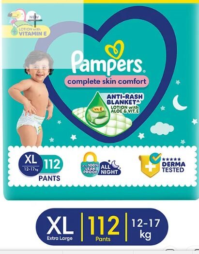 Pampers Complete Skin Comfort Pants, Anti-rash blanket, Lotion with Vitamin E & Aloe Vera, Extra Large size baby Diapers, (XL) 112 Count, 12-17 kg - Image 2
