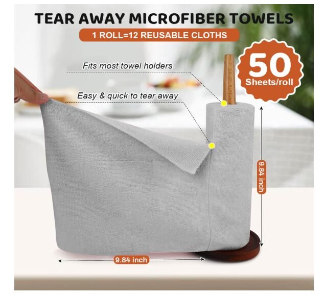 HASTHIP® 50-Count Microfiber Cleaning Cloth Multipurpose Cleaning Cloth Roll Pre-Cut Tear Away Microfiber Cleaning Cloth Roll Kitchen Cloth for Cleaning Highly Absorbent Reusable | Roll Pre-Cut Tear Away Microfiber Cleaning Cloth Roll Kitchen Cloth for Cleaning Highly Absorbent Reusable - Image 2
