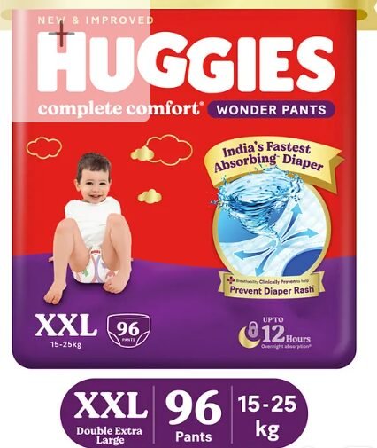 Huggies Complete Comfort Wonder Pants, India's Fastest Absorbing Diaper | XXL Size, 96 Diapers