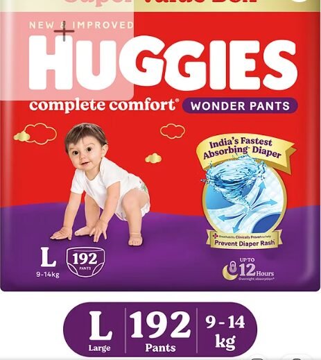 Huggies Complete Comfort Wonder Pants, India's Fastest Absorbing Diaper | L Size, 192 Diapers