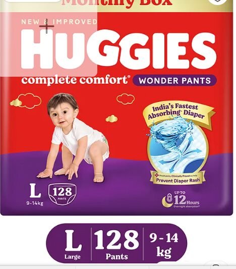 Huggies Complete Comfort Wonder Pants, India's Fastest Absorbing Diaper | L Size, 128 Diapers