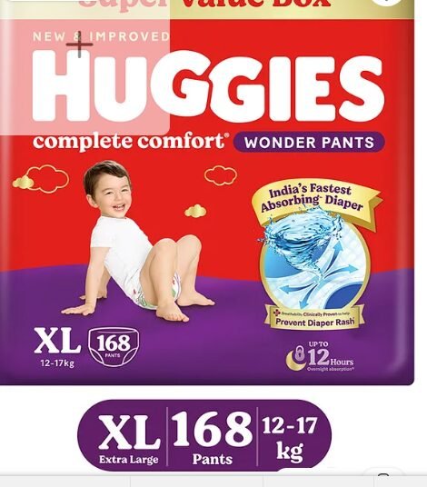 Huggies Complete Comfort Wonder Pants, India's Fastest Absorbing Diaper | XL Size, 168 Diapers