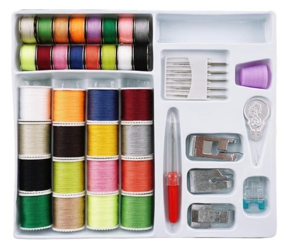 HASTHIP® Sewing Kit Box with Thread Spools Needles for Sewing Machine Set | Hobby kits for adults featuring presser feet and plastic storage case for creative DIY stitching work.